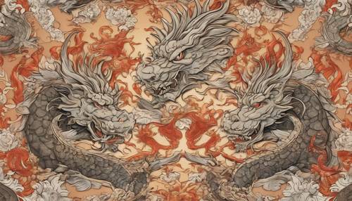 An oriental seamless pattern incorporating dragons and fire