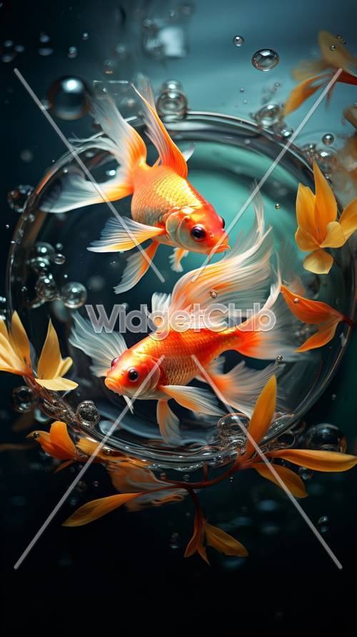 Orangefarbener Fisch tanzt in der Wasserblase
