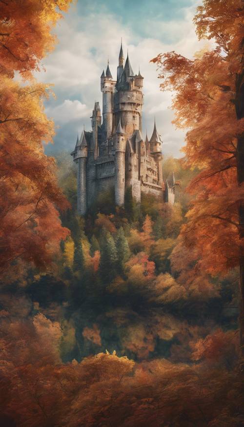 Fantasy rendering of a towering castle nestled within a forest painted with hues of fall. Tapet [4da5b2f2594b42139498]