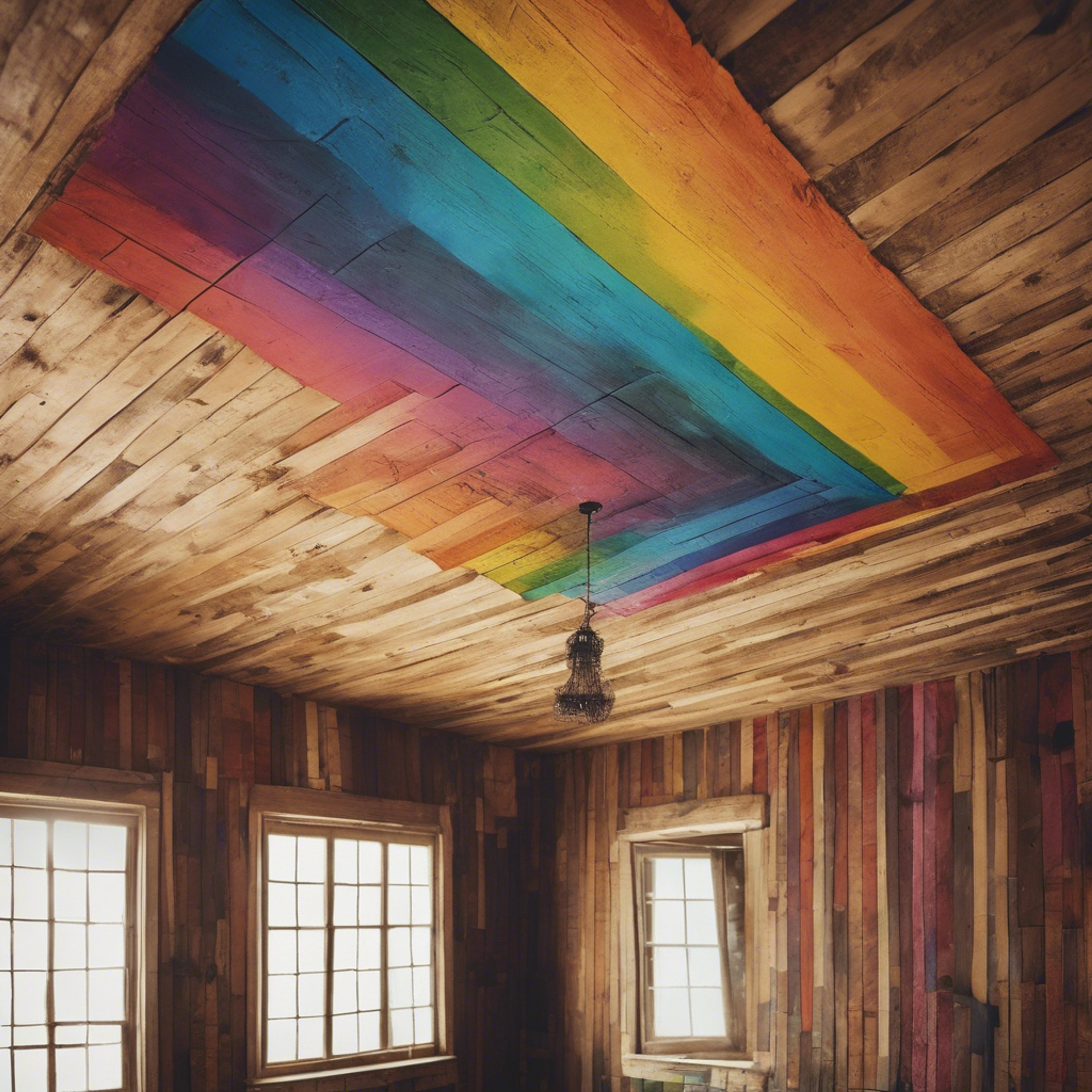 A boho rainbow painted on the ceiling of a wooden vintage room. Wallpaper[cafb581964c64a849ff2]