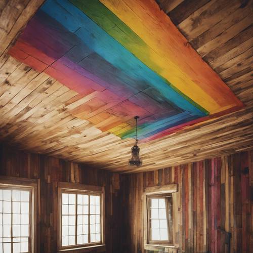 Ein Boho-Regenbogen, gemalt auf die Decke eines Vintage-Zimmers aus Holz.