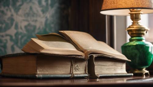 Un classico libro rivestito di damasco verde scuro aperto su una scrivania in rovere, con una lampada in ottone antico che illumina le pagine.