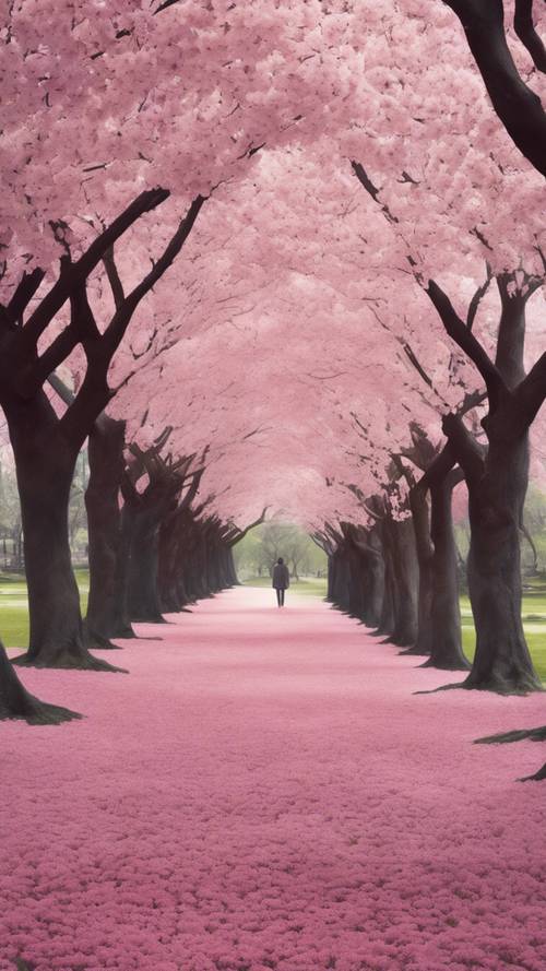 Una vista panoramica di un immenso parco ricco di ciliegi in fiore.