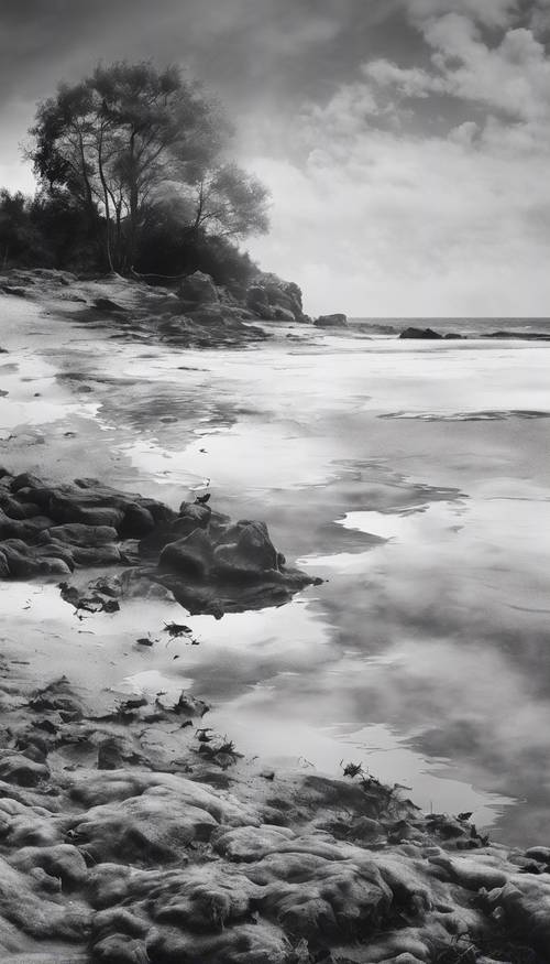 一幅超现实的黑白水彩风景画，天空和大海融为一体。