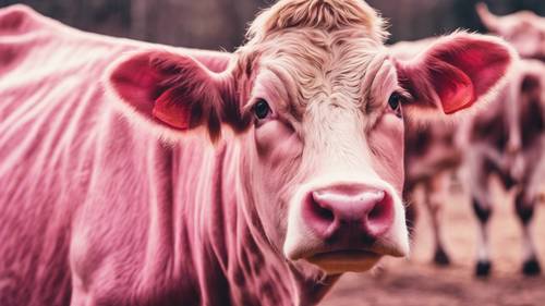 レトロな80年代風のピンク色の牛柄