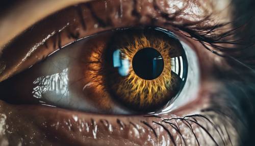 ดวงตาของมนุษย์ที่เข้มข้นและดุร้าย เปลี่ยนสภาพที่บิดเบี้ยวด้วยแสงที่เหนือจริงและเป็นลางไม่ดีให้กลายเป็นรูปลักษณ์ของดวงตาที่ชั่วร้าย”