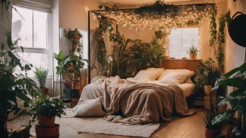 Artystyczna sypialnia z bajkowymi światłami, roślinami doniczkowymi i łóżkiem z baldachimem.