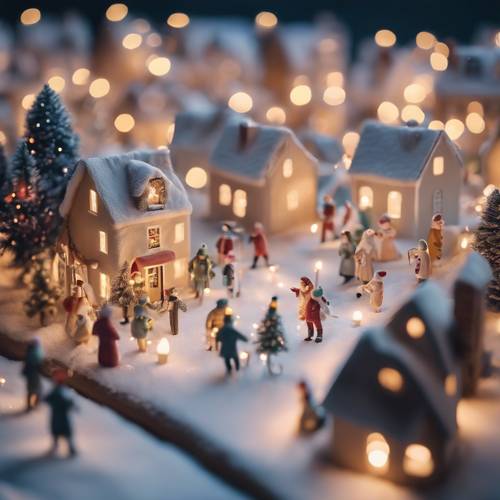 Uma vila natalina em tons pastéis em miniatura com pequenas luzes cintilantes e pequenas pessoas comemorando.