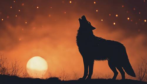 صورة ظلية جميلة بشكل مخيف لذئب وحيد يعوي، وتحيط به هالة برتقالية