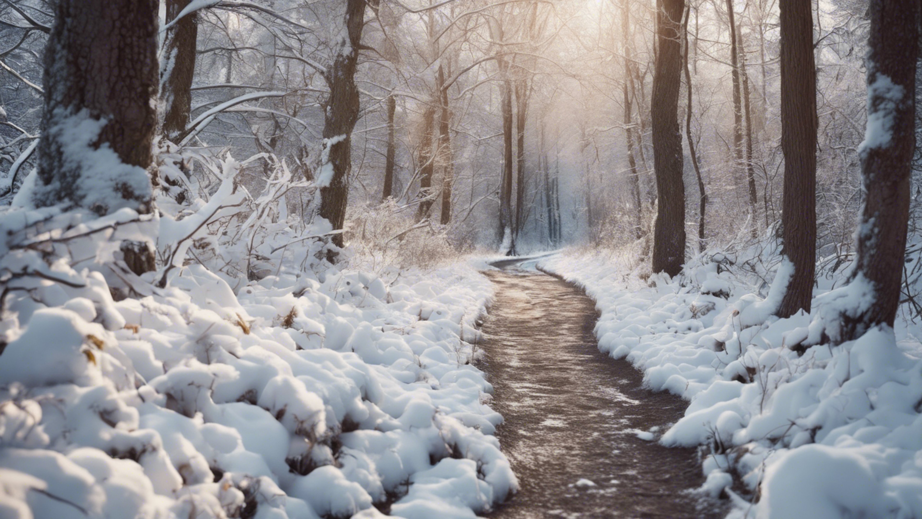 A snow-covered path winding through a dense winter forest, inviting wanderers to explore its quiet beauty. Wallpaper[1c259ae115404f0f9e10]
