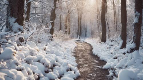 A snow-covered path winding through a dense winter forest, inviting wanderers to explore its quiet beauty.