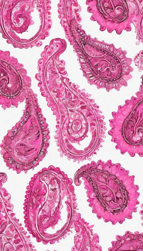 Un motivo senza soluzione di continuità con motivi paisley rosa acceso che si intrecciano su uno sfondo bianco.