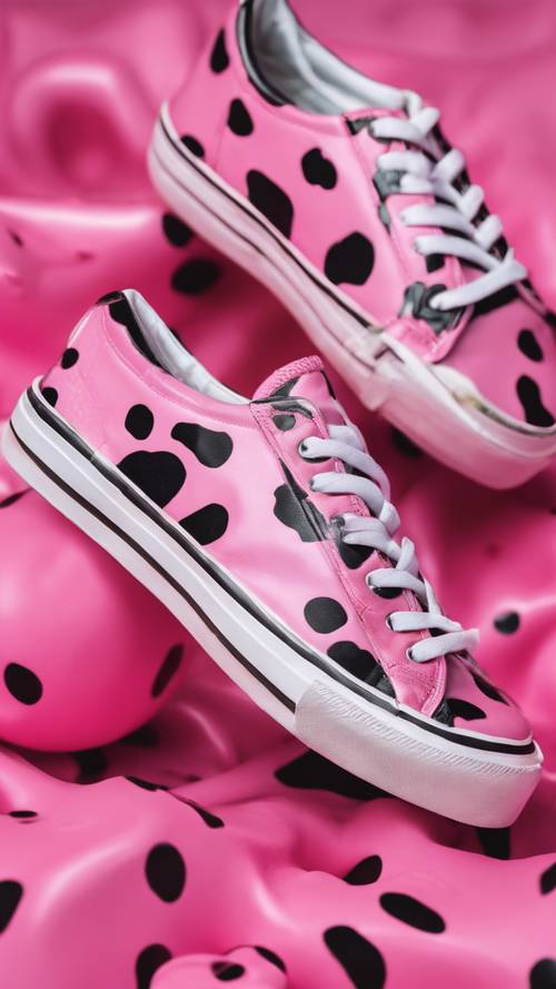 A pair of sneakers with a vibrant pink cow print design.