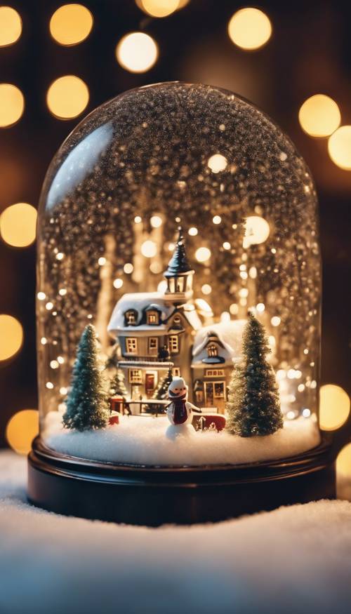Miniaturowy świat w śnieżnej kuli z przezroczystego szkła - śnieżna noc bożonarodzeniowa w uroczym, radosnym miasteczku, z migoczącymi światłami i wesołymi bałwanami.