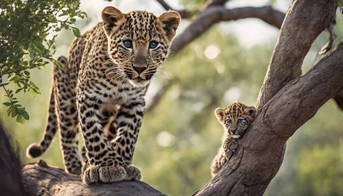 Um filhote de leopardo recém-nascido tentando subir em uma árvore sob o olhar atento de uma mãe.