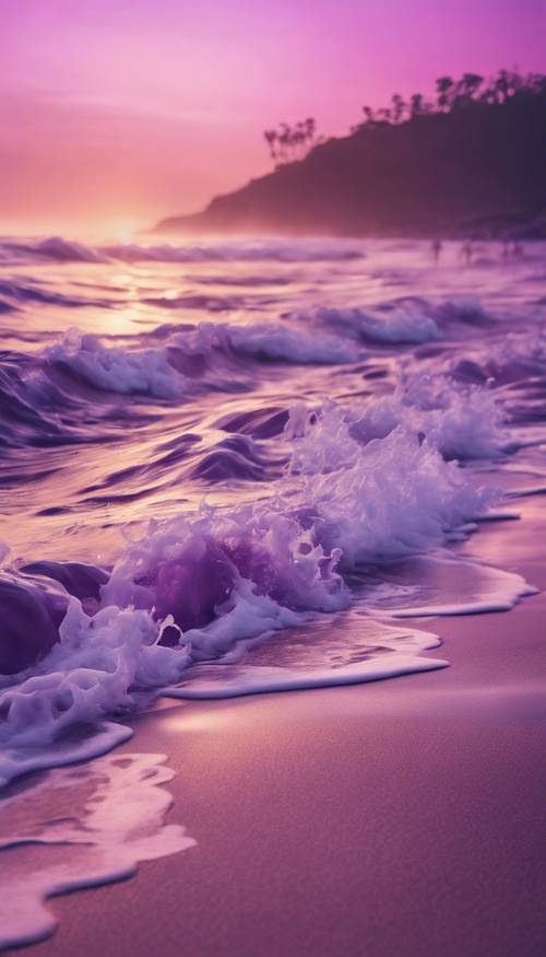 لوحة تجريدية لموجات رغوية على الشاطئ عند غروب الشمس، بالكامل بظلال اللون البنفسجي والخزامى.