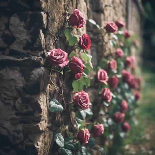 一株深色玫瑰藤蔓攀爬在闹鬼的石头城堡的简朴墙壁上。