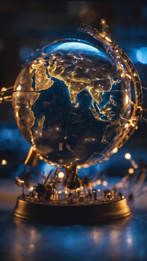 Ağ bağlantılı bir dünyayı tasvir eden birbirine bağlı şehirler küresiyle aydınlatılan Mavi Mermer&#39;in gece görünümü.