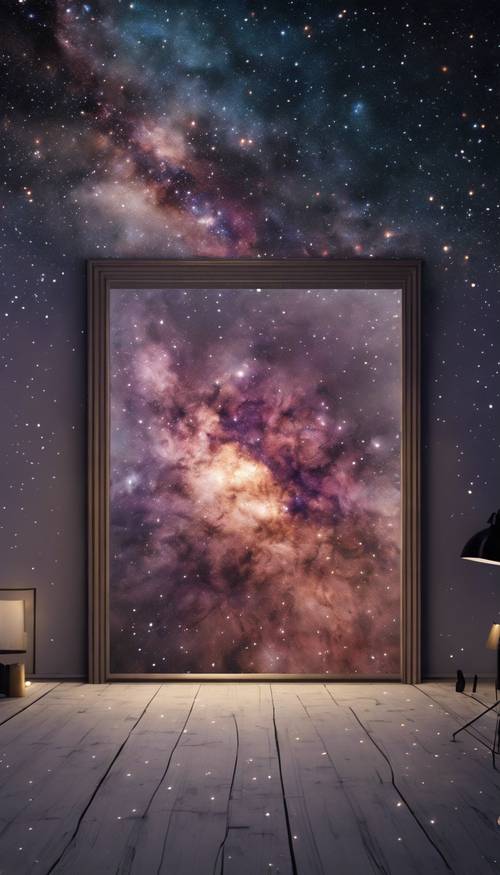 Una escena nocturna de una pared en blanco que se transforma en un mural caprichoso de estrellas galácticas.