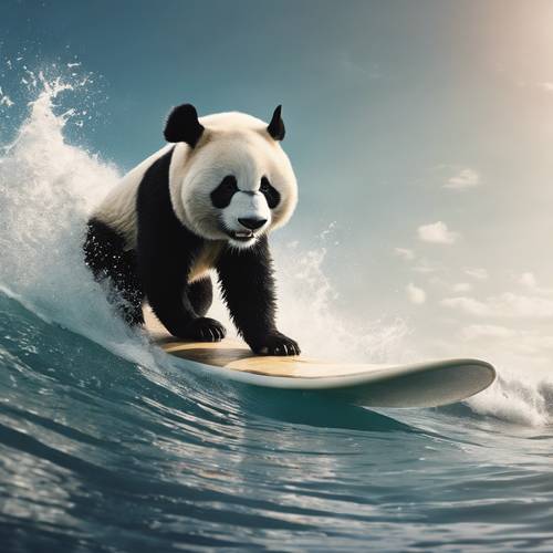 A cool panda breezily surfing on the waves of the Pacific Ocean.