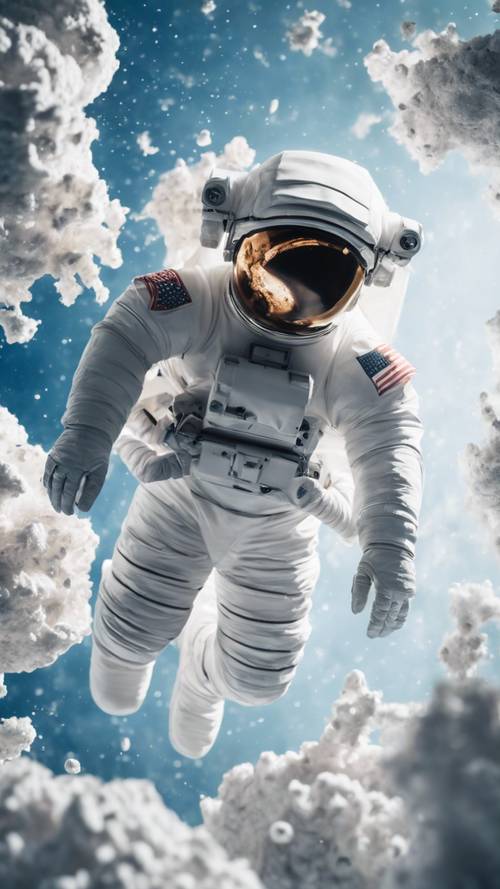 Astronot dengan pakaian luar angkasa biru mengambang di ruang putih tanpa gravitasi.