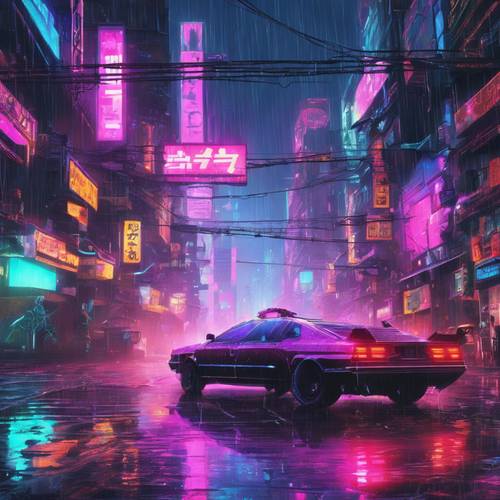 Cidade cibernética encharcada de chuva, ruas refletindo as luzes coloridas.