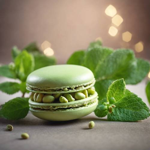 A single pistachio-flavored macaron decorated with a sprig of fresh mint.