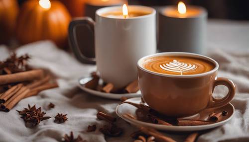 Ein mit Kürbisgewürzen gewürzter Latte aus der French Press, gemütlich neben einer nach Zimt duftenden Kerze für einen perfekten Thanksgiving-Morgen.