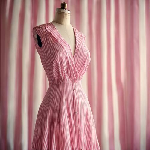Vestido de verão listrado rosa e branco em um manequim vintage.