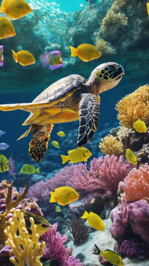 A sea turtle curiously interacting with colorful fishes in a reef.