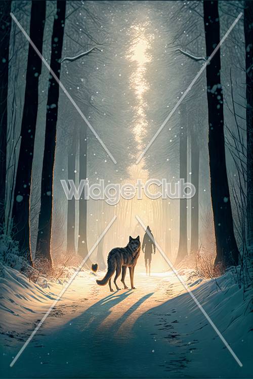 יער ארץ הפלאות בחורף עם זאבים ודמות מסתורית