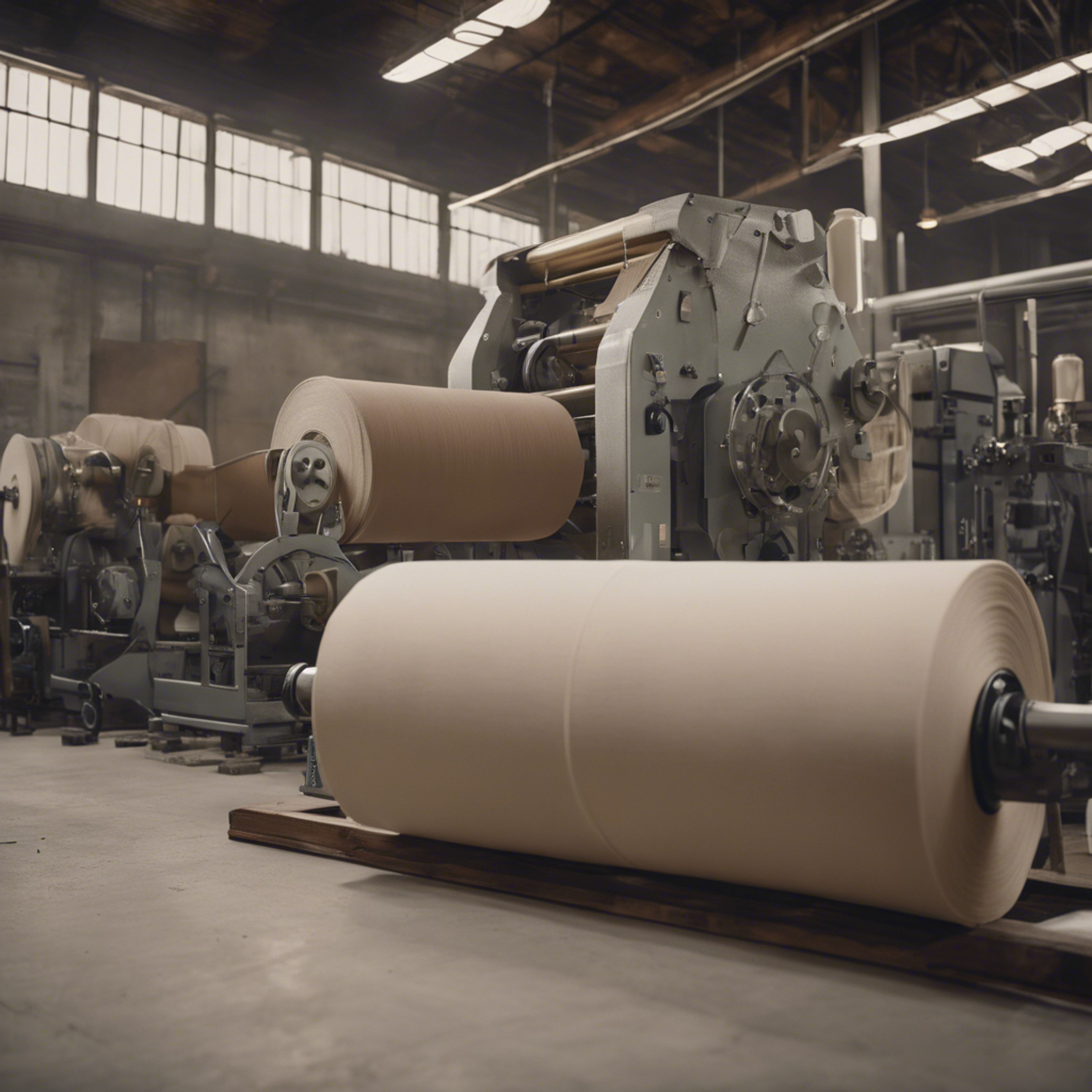 A behind the scenes shot of a linen mill with large rolls of neutral-toned fabric. 牆紙[c00f9cec885f4ef7a035]