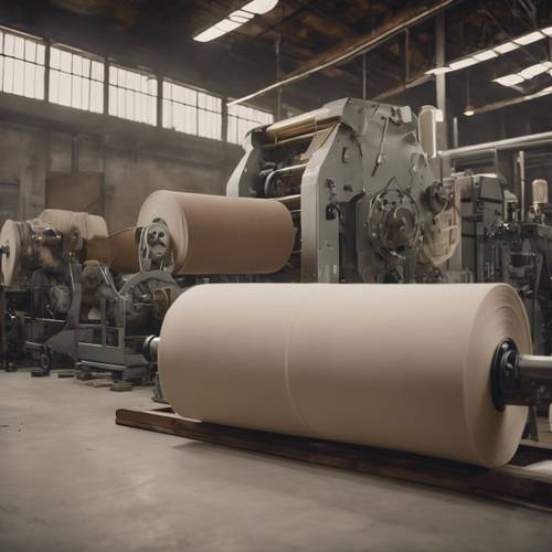 A behind the scenes shot of a linen mill with large rolls of neutral-toned fabric.