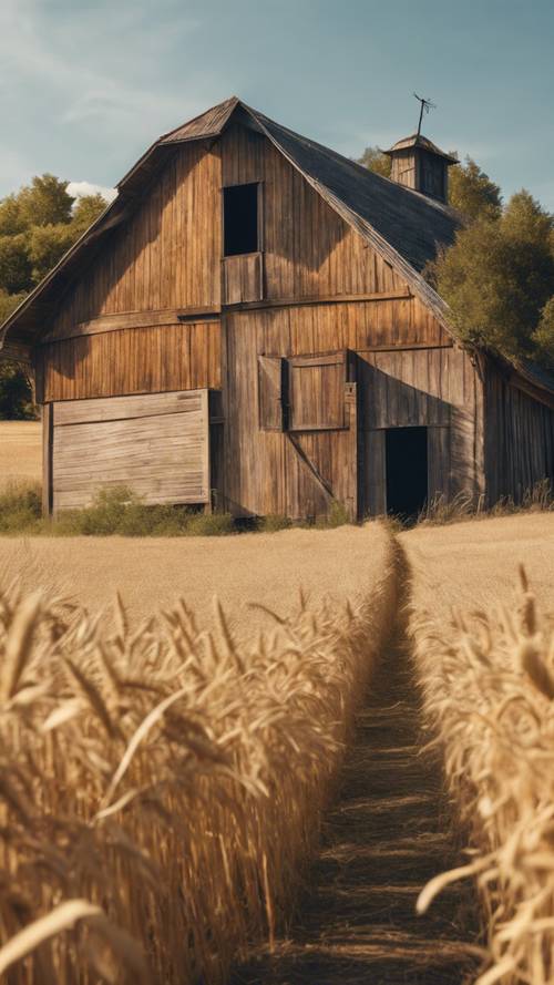 Rustykalna stodoła położona na złotym polu siana pod czystym, błękitnym niebem.