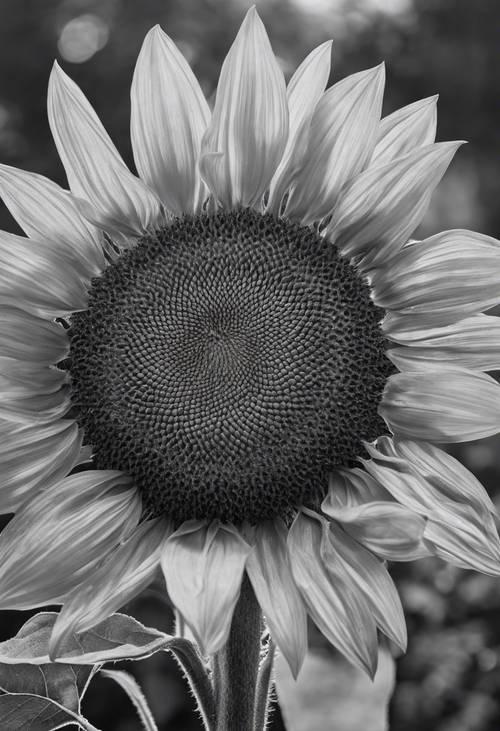 Une illustration botanique en noir et blanc à l’ancienne d’un tournesol.