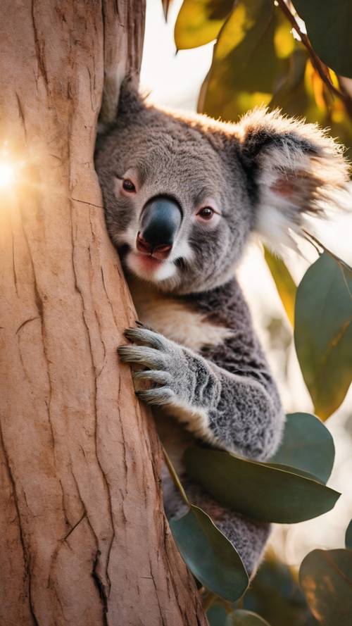 A sleepy koala nestled in the fork of a large eucalyptus tree in the golden rays of the setting sun.