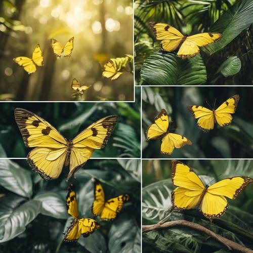 Collage de mariposas amarillas en un bosque tropical