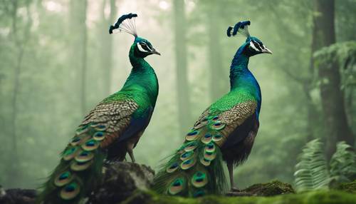 Un pavone verde visto di profilo, sullo sfondo una foresta nebbiosa e misteriosa.