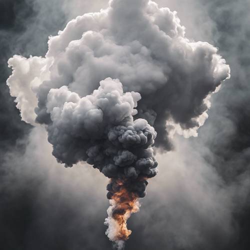 A serene white smoke phoenix rising out of a tumultuous cloud of black smoke.