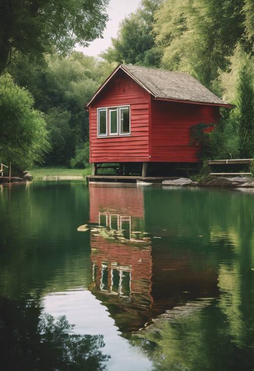 A little red cabin hidden amongst lush green trees near a pristine lake, depicting a peaceful summer vacation.