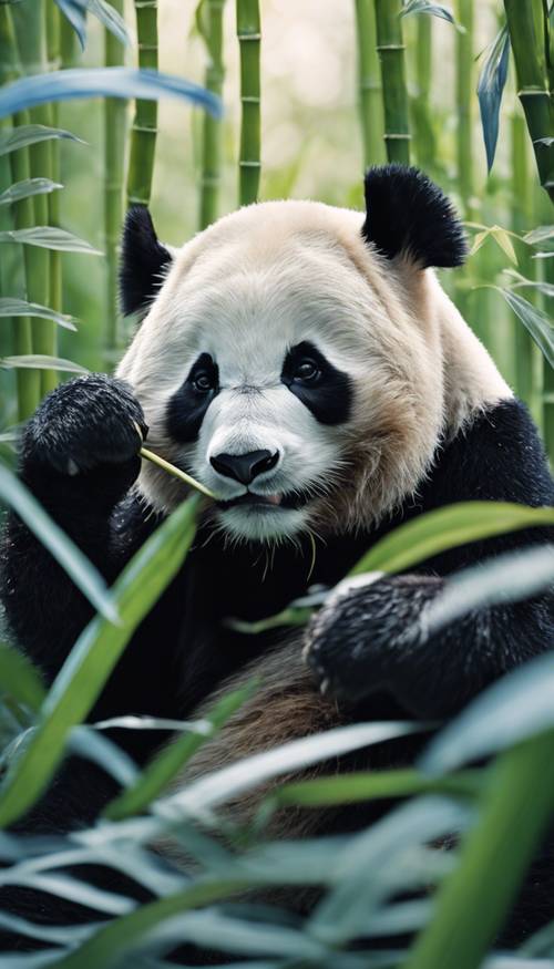 一隻聰明的老熊貓懶洋洋地咀嚼著一叢藍色的竹葉。
