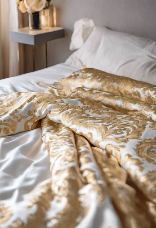 A soft, plush white and gold damask comforter laid perfectly on a king-size bed.