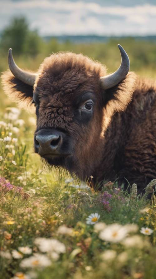 Seekor anak bison muda berbaring di rumput lembut, dikelilingi bunga-bunga liar, pada sore yang cerah.