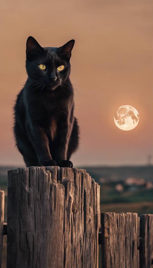 Eine schwarze Katze sitzt wachsam auf einem Zaunpfahl, im Hintergrund ist der Vollmond zu sehen.