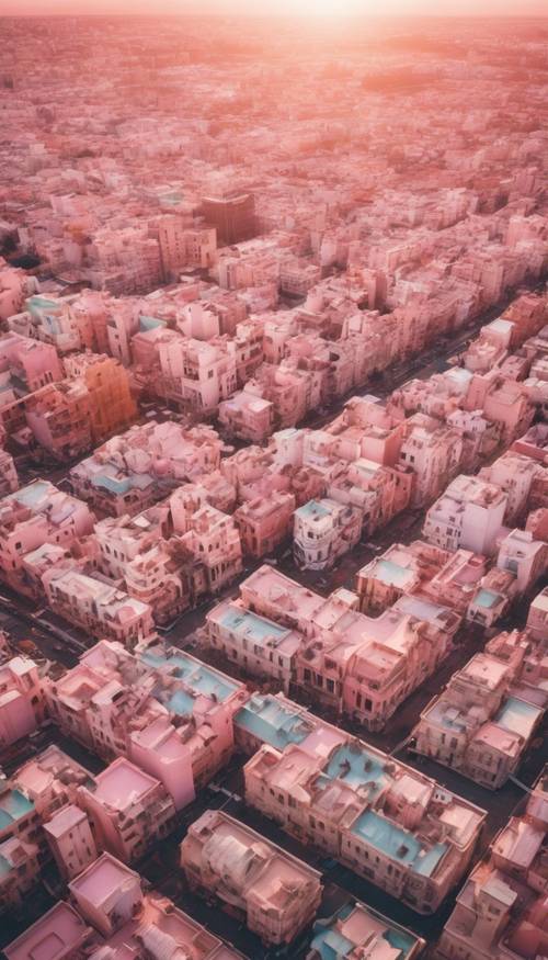 Вид с высоты птичьего полета на раскинувшийся город из пастельно-розового мрамора на закате.