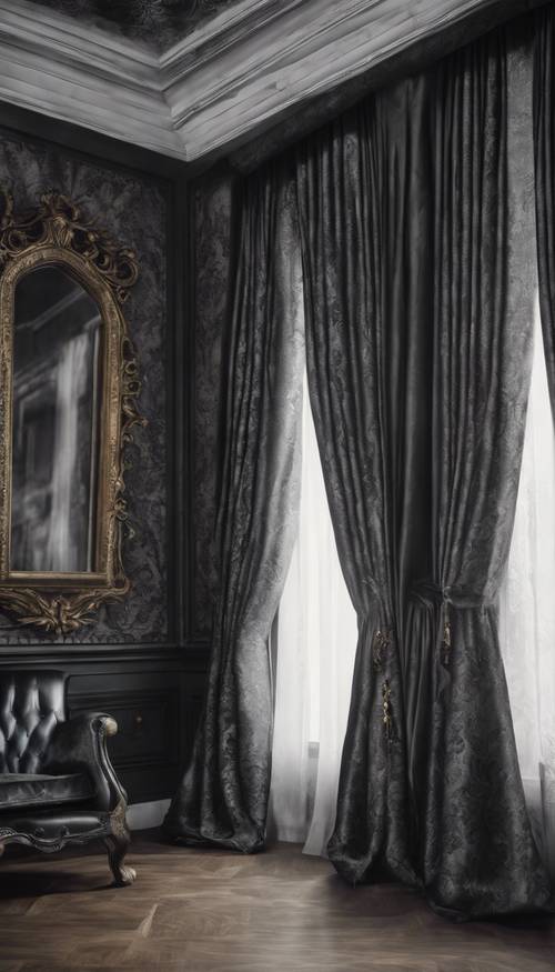 Une chambre de style gothique avec des rideaux damassés gris foncé.