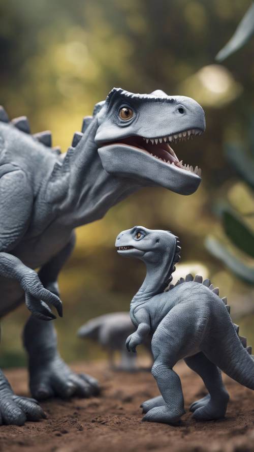 Una madre dinosaurio gris enseña suavemente a sus curiosos hijos sobre el mundo.
