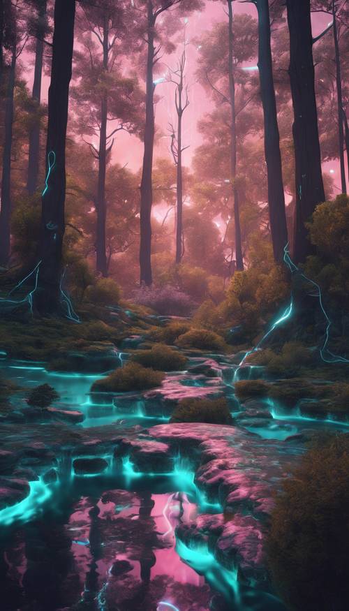 A 3D aesthetic of a digital forest with tall trees and a neon water stream. Tapeet [cb1d635de3004689988a]