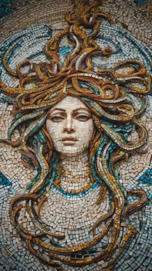 Um lindo mosaico da Medusa, montado com ladrilhos de vidro coloridos, no chão de um grande palácio.