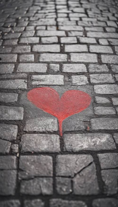 A chalk heart drawn on the pavement and filled with 'I Love You'.